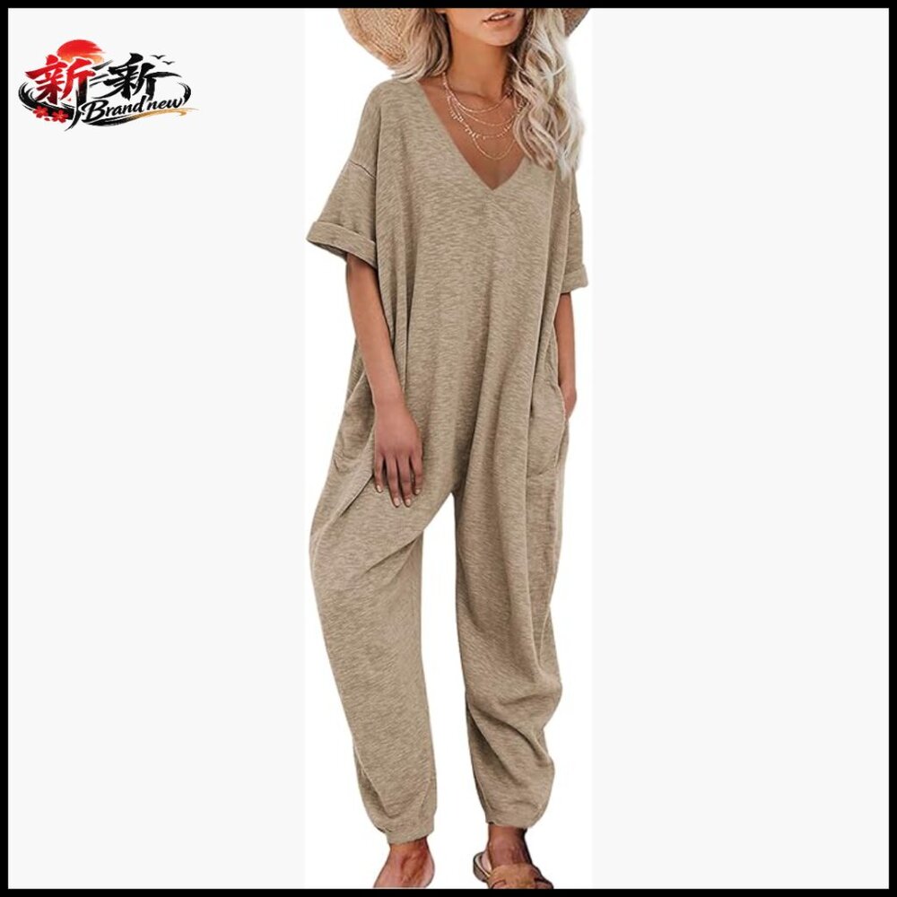 Polyester and Spandex V Neck Jumpsuit Casual Summer Romper Oversized